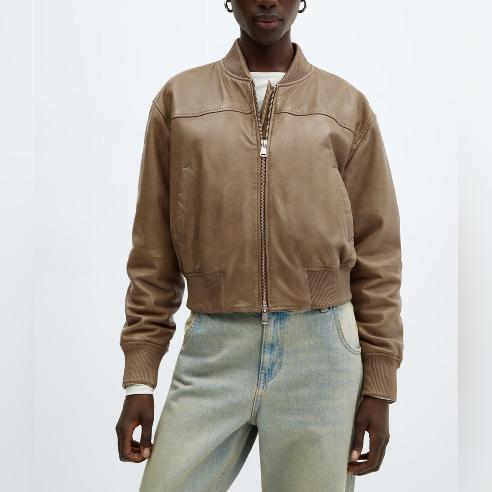 MANGO Women's Leather  Bomber Jacket